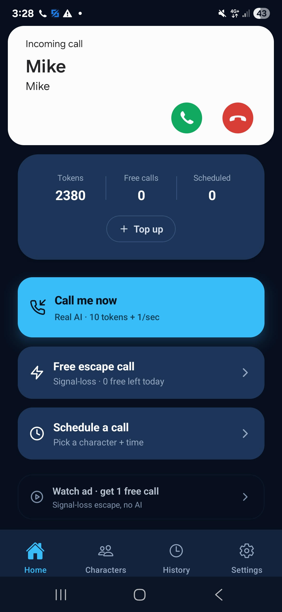 Social Escape app — incoming AI call on the home screen